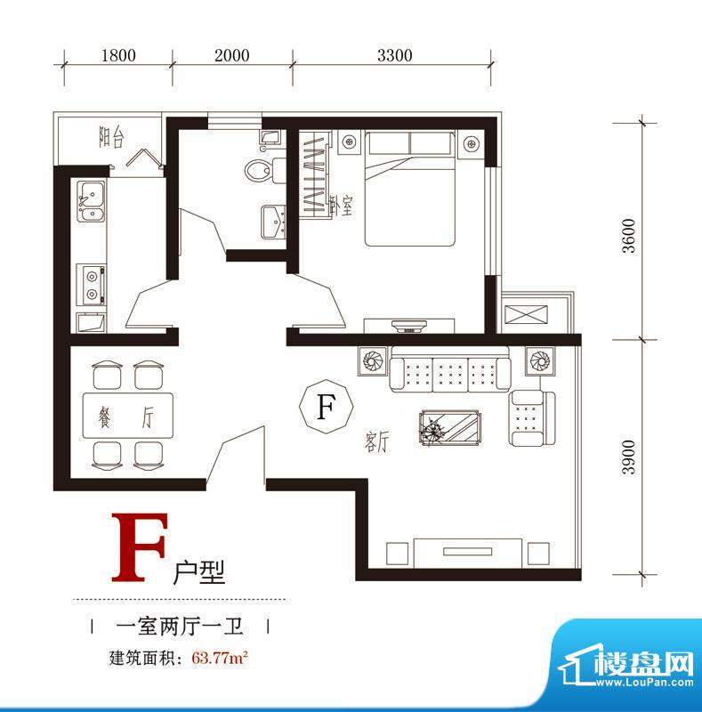 国风户型图7#F户型 1室2厅1卫1面积:63.77平米