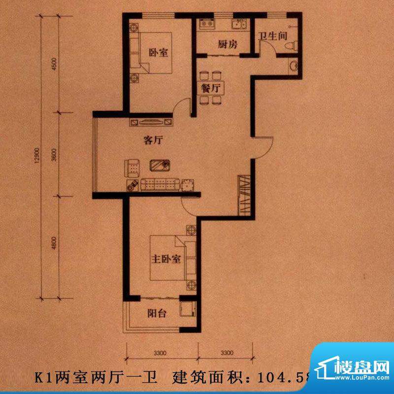 新大院户型图K1户型 2室2厅1卫面积:104.58平米