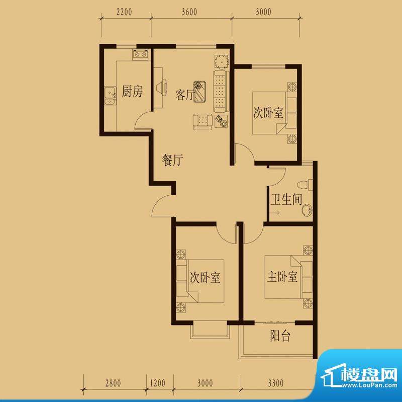 新大院户型图2#楼-E2 3室2厅1卫面积:109.44平米