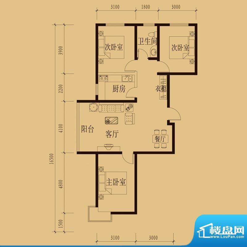 新大院户型图2#楼-E1 3室2厅1卫面积:108.38平米