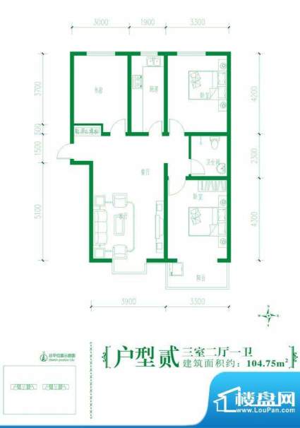 金水湾户型图户型贰 3室2厅1卫面积:104.75平米