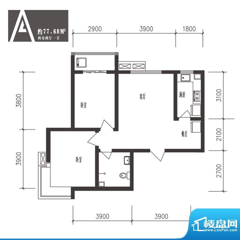 竹境户型图A户型 2室2厅1卫1厨面积:77.68平米