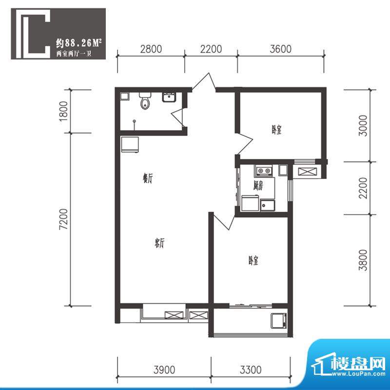 竹境户型图C户型2室2厅1卫1厨面积:88.26平米