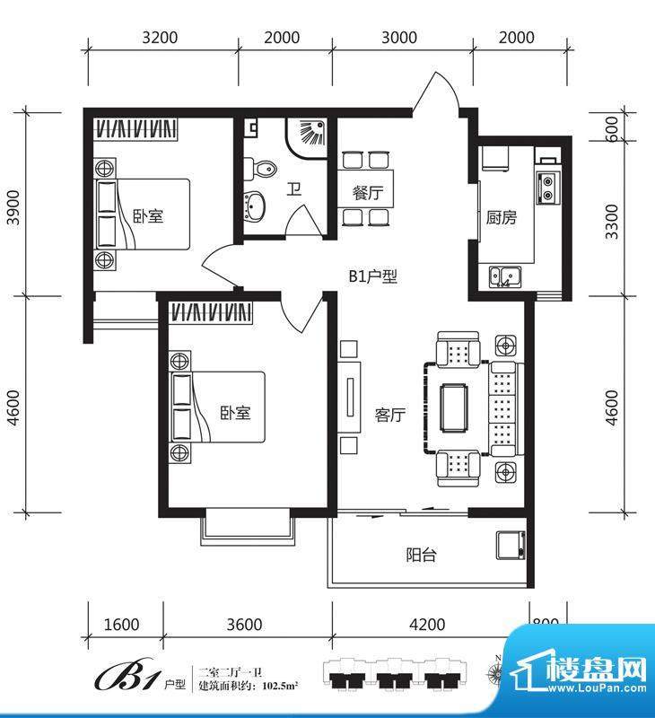 银佛家园户型图一期B1户型 2室面积:102.50平米