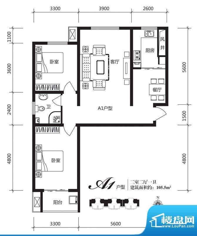 银佛家园户型图一期A1户型 2室面积:105.50平米