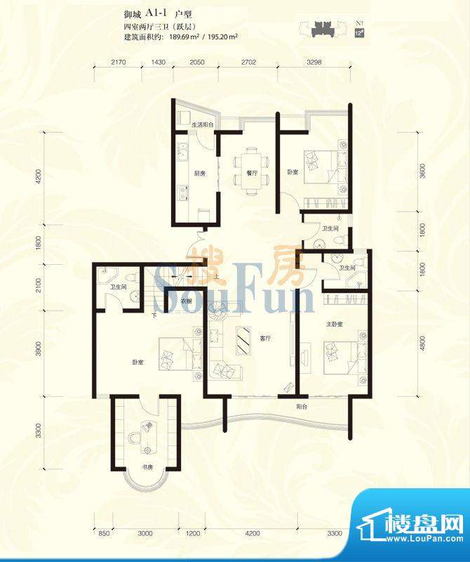 星河御城户型图A1-1户型 4室2厅面积:189.69平米