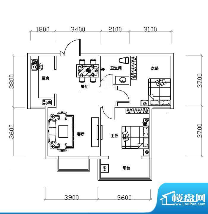 阳光青年城户型图89.77户型 2室面积:89.77平米