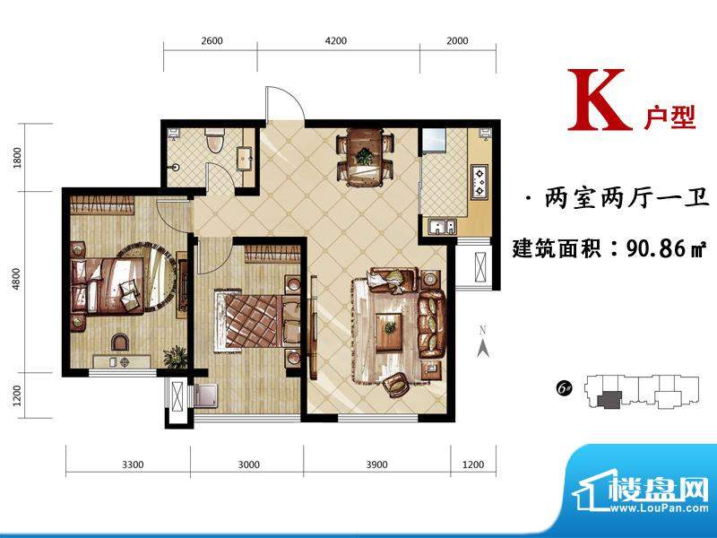 燕都紫庭户型图K户型 2室2厅1卫面积:90.86平米