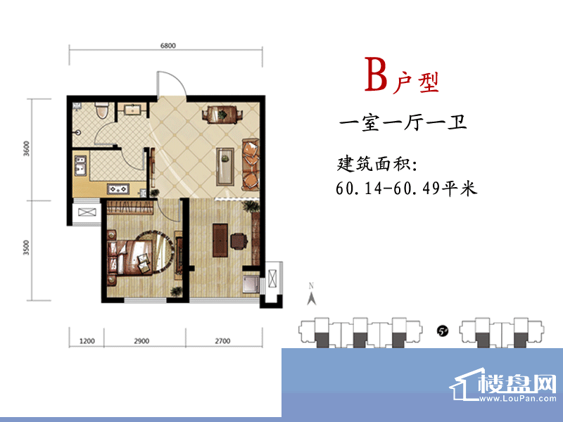 燕都紫庭户型图B户型 1室1厅1卫面积:60.49平米