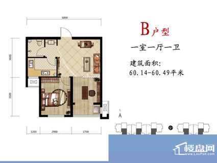 燕都紫庭户型图B户型 1室1厅1卫面积:60.49平米
