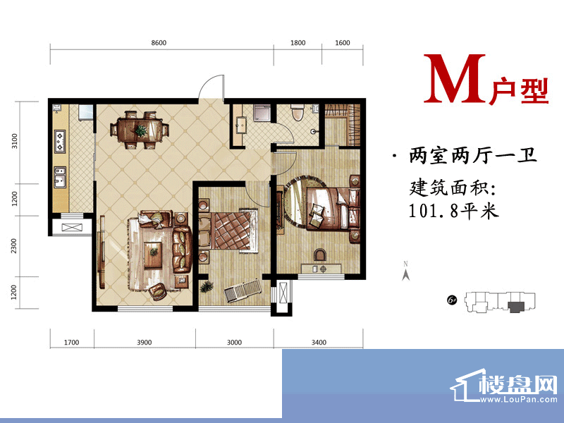 燕都紫庭户型图M户型 2室2厅1卫面积:101.80平米