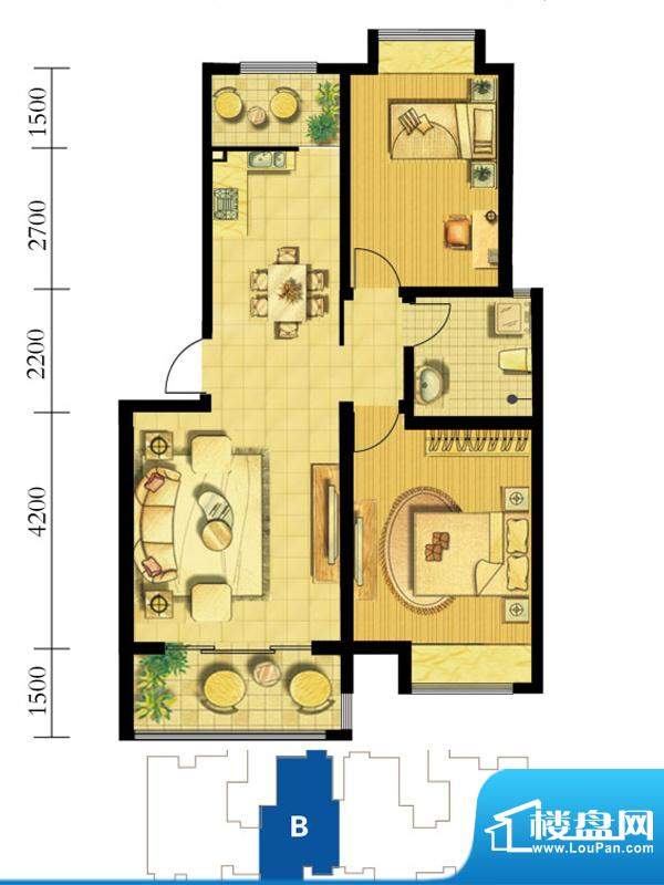 鸿海佳园户型图6#B户型 2室2厅面积:89.00平米