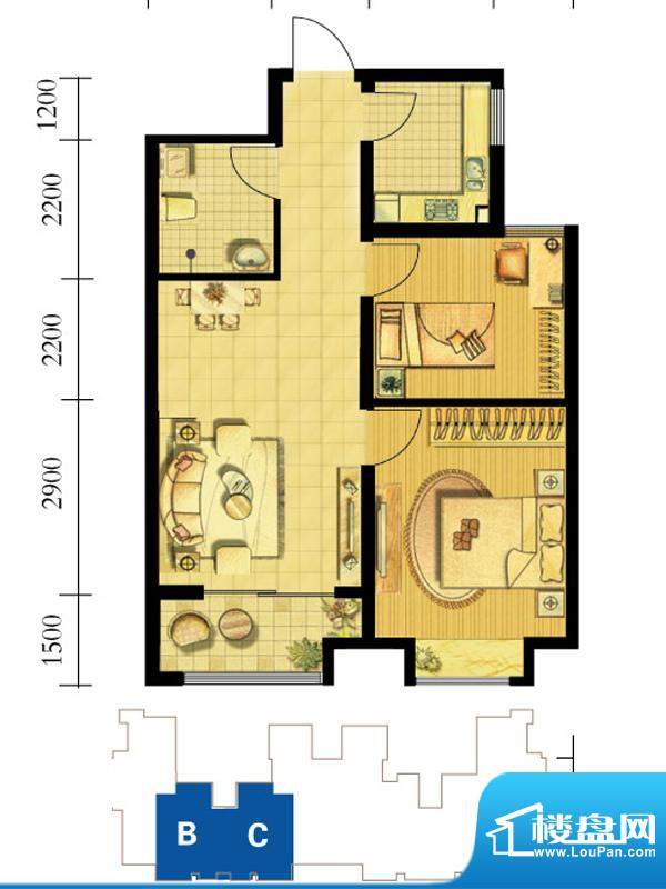 鸿海佳园户型图2#B/C户型 2室2面积:75.00平米