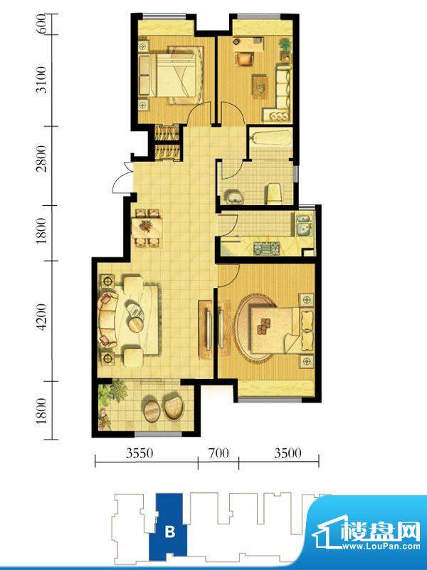 鸿海佳园户型图7#B户型 3室2厅面积:96.00平米