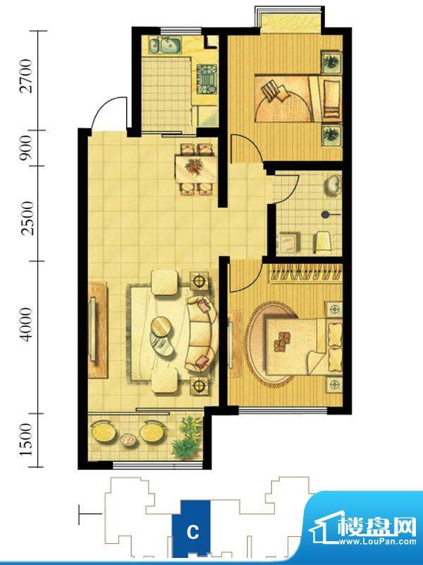 鸿海佳园户型图1#C户型 2室2厅面积:91.00平米