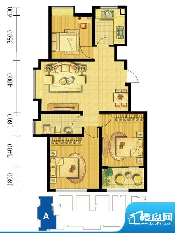鸿海佳园户型图7#A户型 3室2厅面积:98.00平米