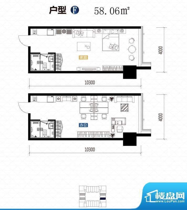 城市中坚户型图F户型 1室1厅1卫面积:58.06平米