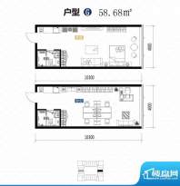 城市中坚户型图G户型 1室1厅1卫面积:58.68平米