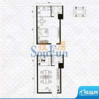 城市中坚户型图B户型1室1厅1卫