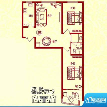 金桥水岸户型图3M户型 2室2厅1面积:95.01平米