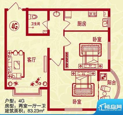 金桥水岸户型图4G户型 2室1厅1面积:83.23平米