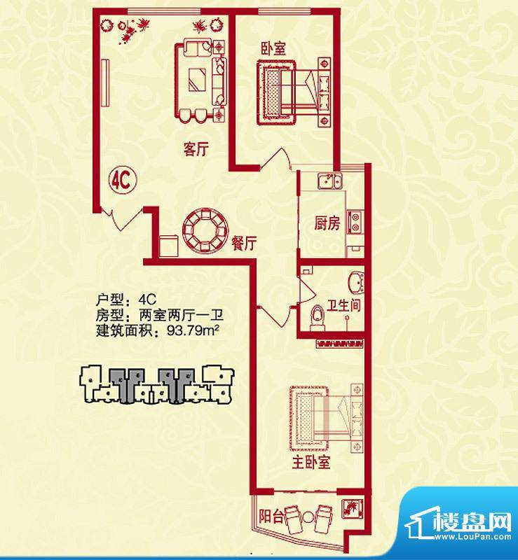 金桥水岸户型图4C户型 2室2厅1面积:93.79平米