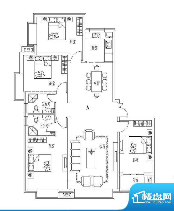 瑞城户型图D6-A户型 4室2厅2卫面积:168.87平米