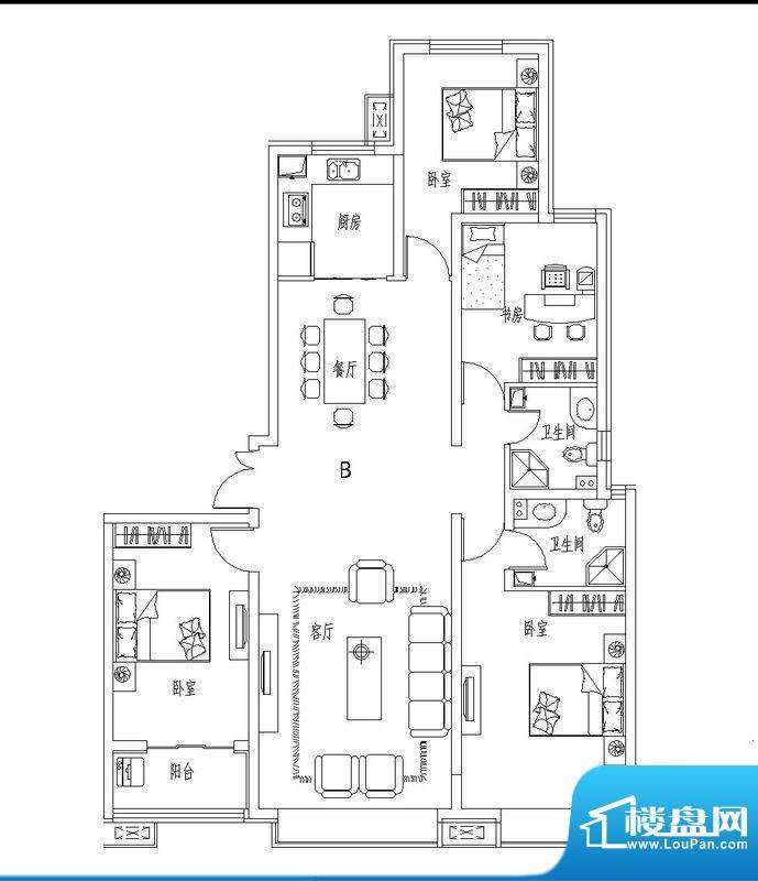 瑞城户型图D6-B户型 4室3厅2卫面积:160.63平米