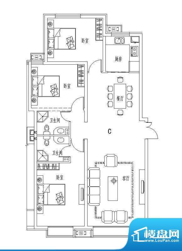 瑞城户型图D6-C户型 3室2厅2卫面积:144.12平米