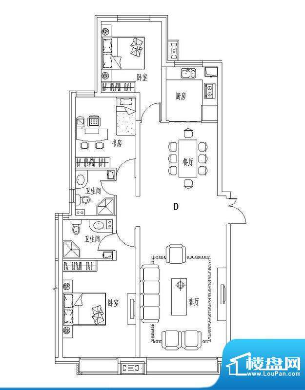 瑞城户型图D6-D户型 3室2厅2卫面积:136.28平米