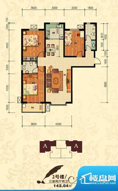 北宁湾户型图A户型 3室2厅2卫1面积:142.04平米