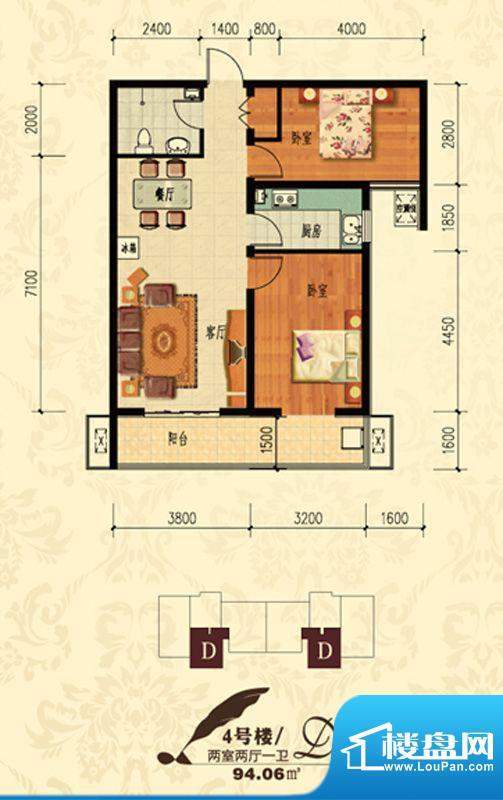 北宁湾户型图D户型 2室2厅1卫1面积:94.06平米