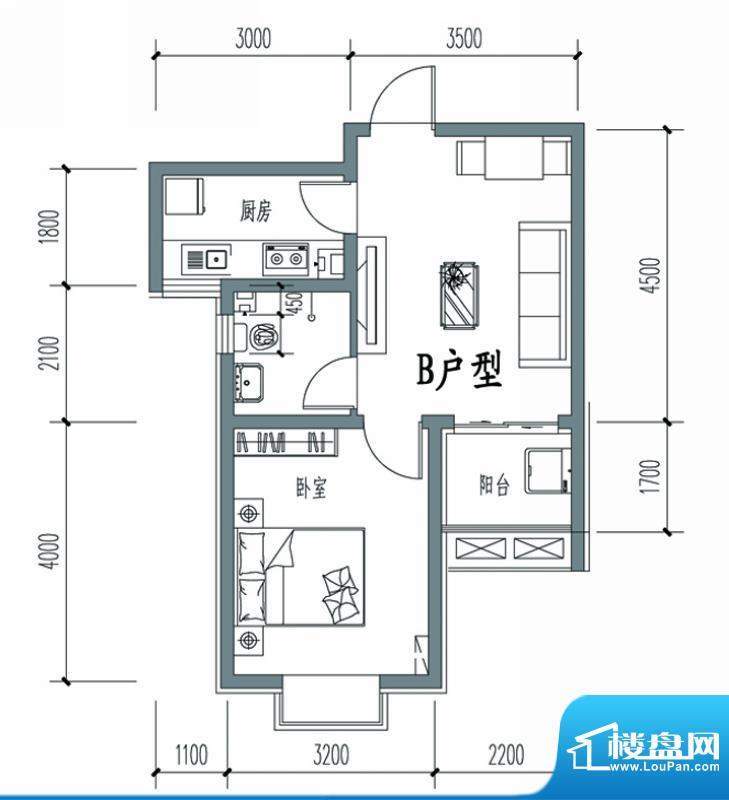 天冠城户型图6#-B户型 1室1厅1面积:54.14平米