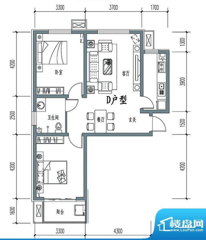 天冠城户型图6#-D户型 2室2厅1面积:95.84平米