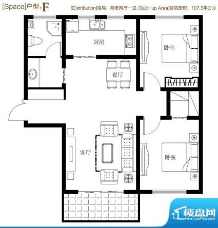 弘达明尚户型图f 2室2厅1卫1厨面积:107.50平米