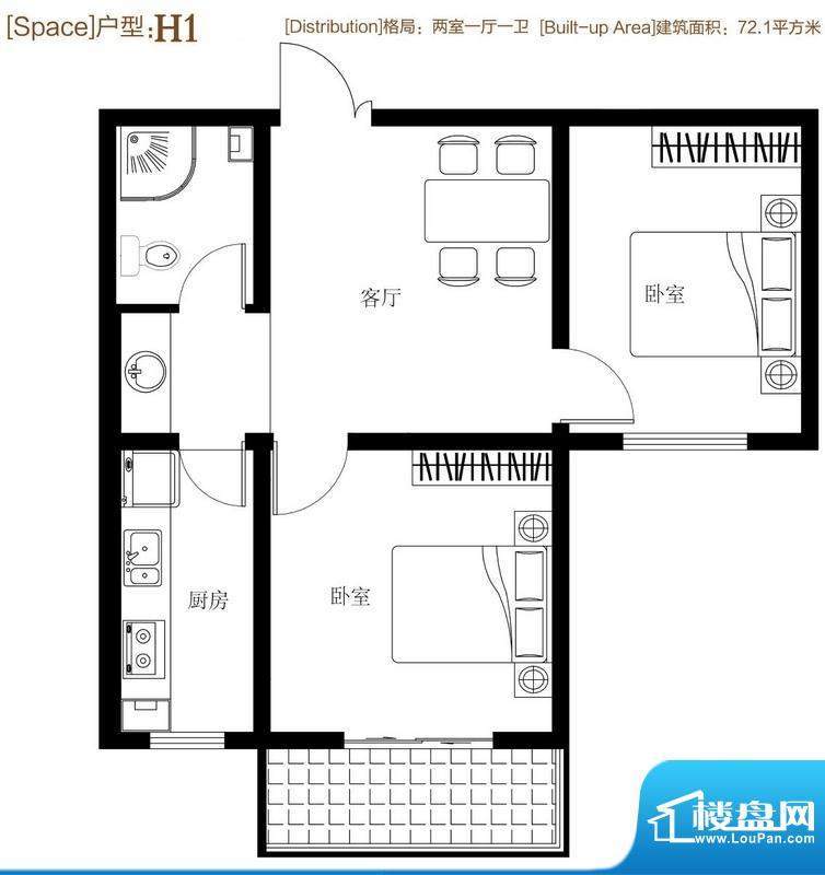 弘达明尚户型图h1 2室1厅1卫1厨面积:75.10平米