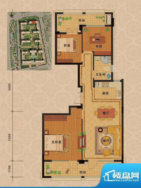 紫薇广场户型图K户型 3室2厅1卫面积:132.00平米