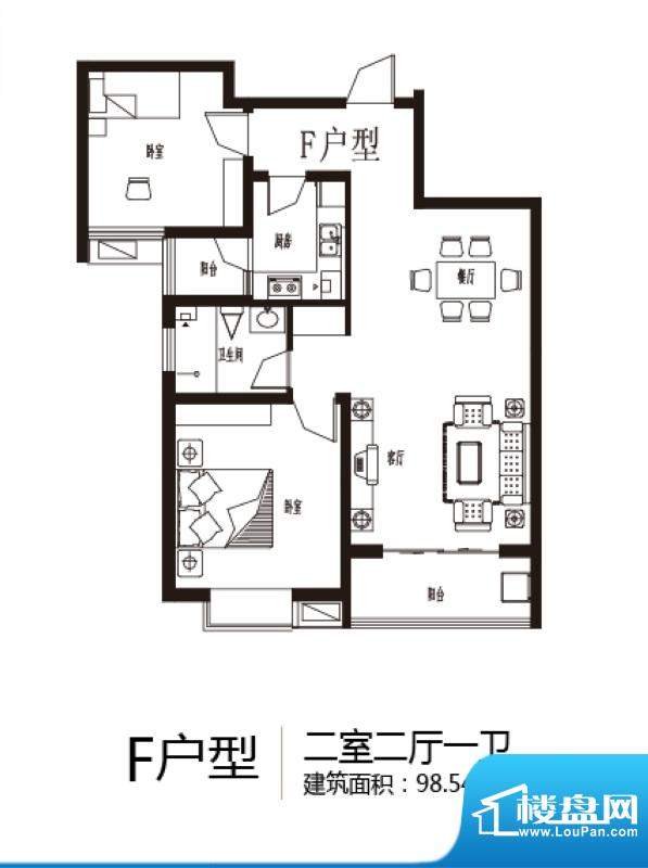 上上东户型图F户型 2室2厅1卫1面积:98.54平米