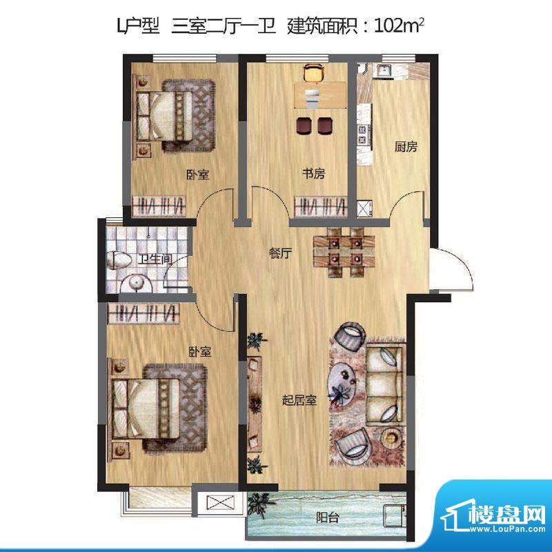 晟地丽江户型图L户型 3室2厅1卫面积:102.00平米