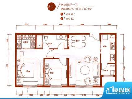 中央悦城户型图3、4#楼A2户型 面积:96.88平米
