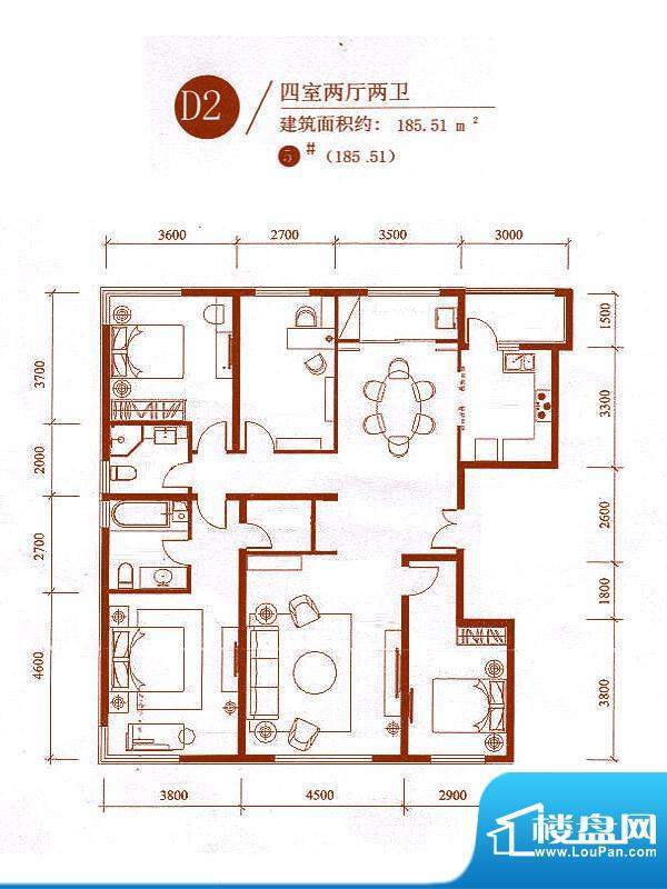 中央悦城户型图5#楼D2户型 4室面积:185.51平米