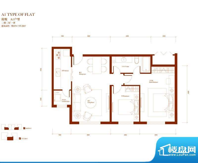 中央悦城户型图A1户型 3室2厅1面积:98.67平米