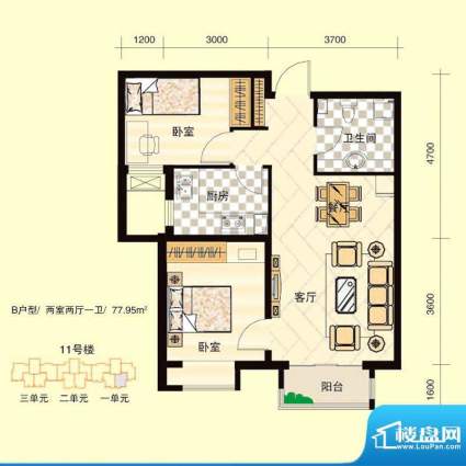 安联青年城户型图二期 11# B户面积:77.95平米