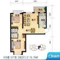 安联青年城户型图一期 6号楼 E面积:74.79平米