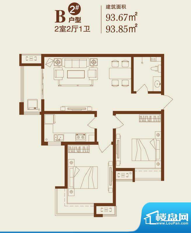 卓达上院户型图2#B户型 2室2厅面积:93.85平米