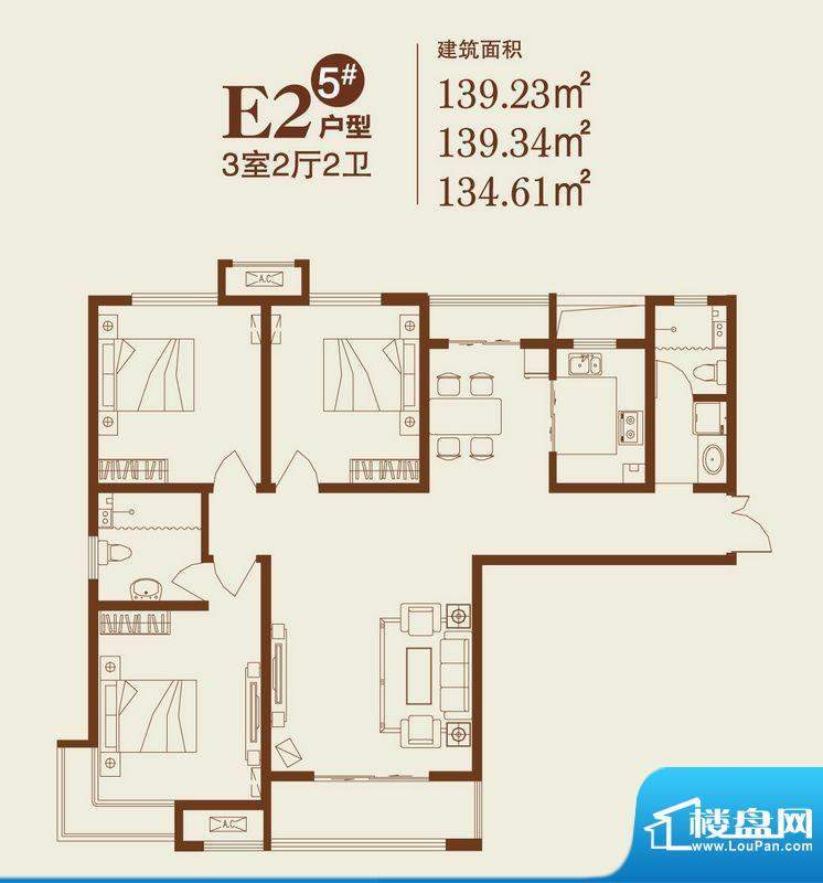 卓达上院户型图5#E2户型 3室2厅面积:139.23平米