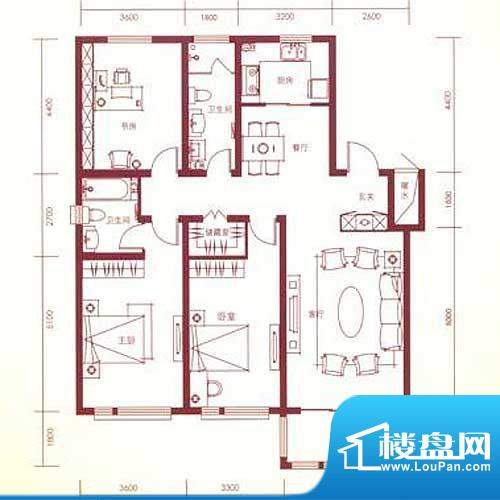 金色国际公寓户型图M户型 3室2面积:149.58平米