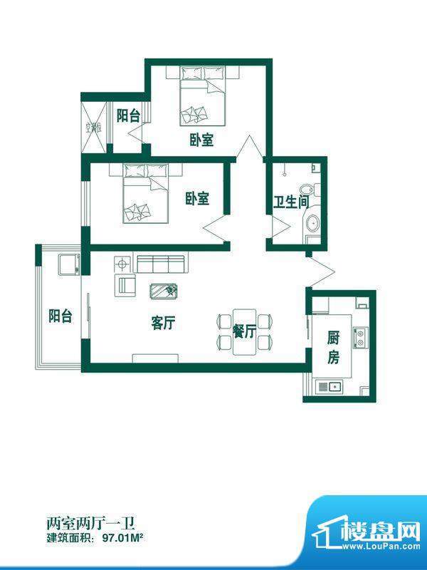 时光园户型图T-2 2室2厅1卫1厨面积:97.01平米