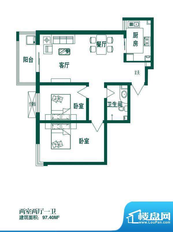 时光园户型图T-3 2室2厅1卫1厨面积:97.40平米