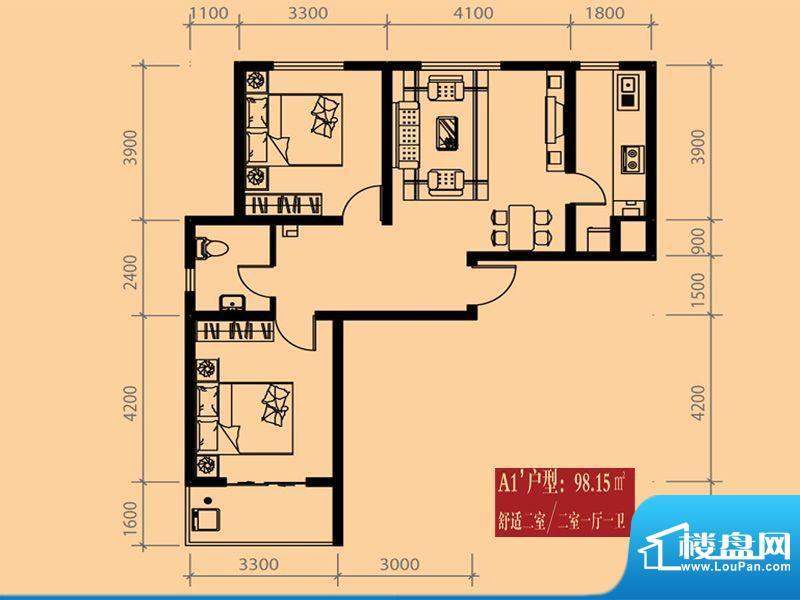 尚城户型图A1户型 2室1厅1卫1厨面积:98.15平米